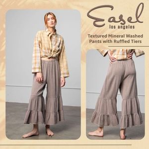 EASEL Luxurious Soft & Cozy Cotton Mineral Washed Pants Elastic Waist Tiered Hem